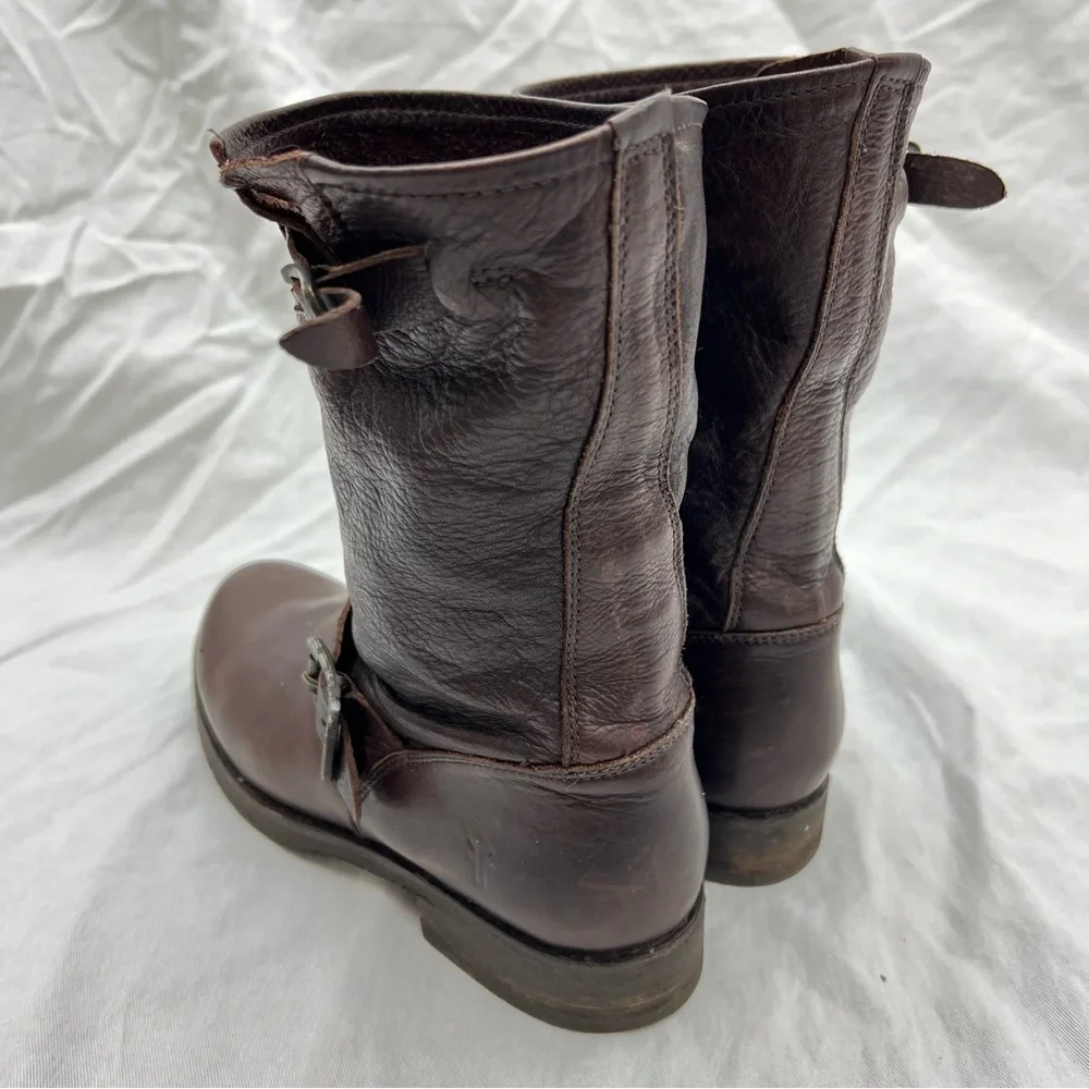 Frye harness buckle strap brown leather mid calf boots moto riding motorcycle 7B - Picture 7 of 16